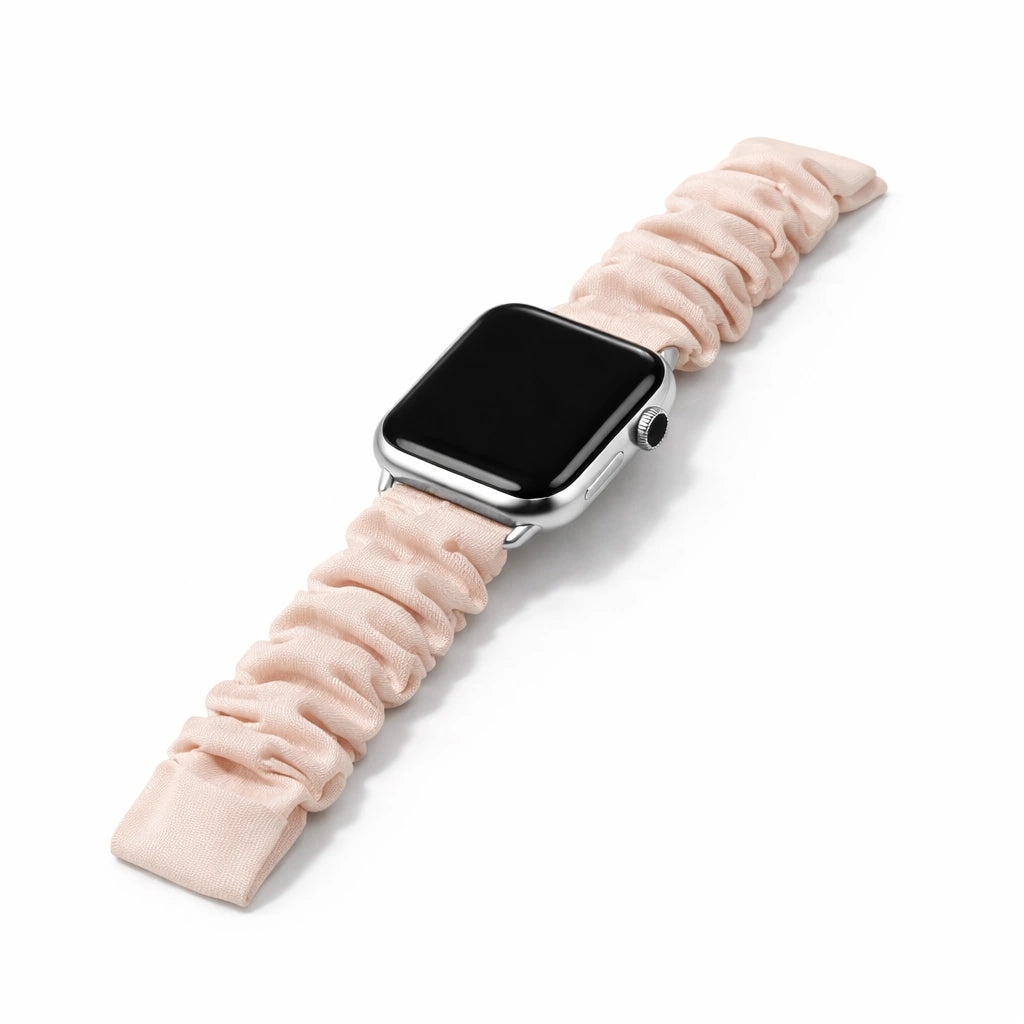 Beige pink scrunchie strap for Apple Watch with soft gathered fabric and minimalist style