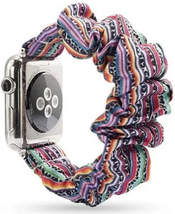 Bohemian scrunchie-style Apple Watch strap with colourful woven pattern and soft elastic fit