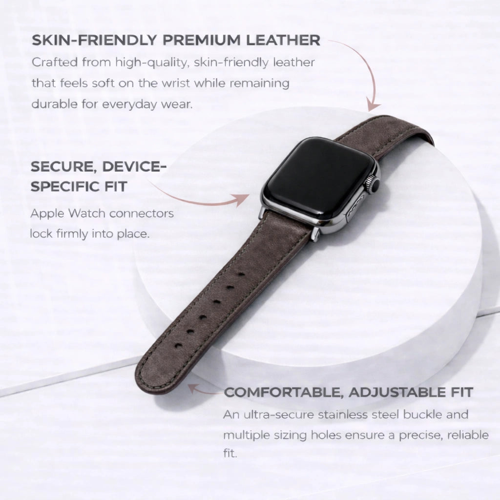 Dark brown leather strap for Apple Watch showing secure connectors and adjustable buckle.