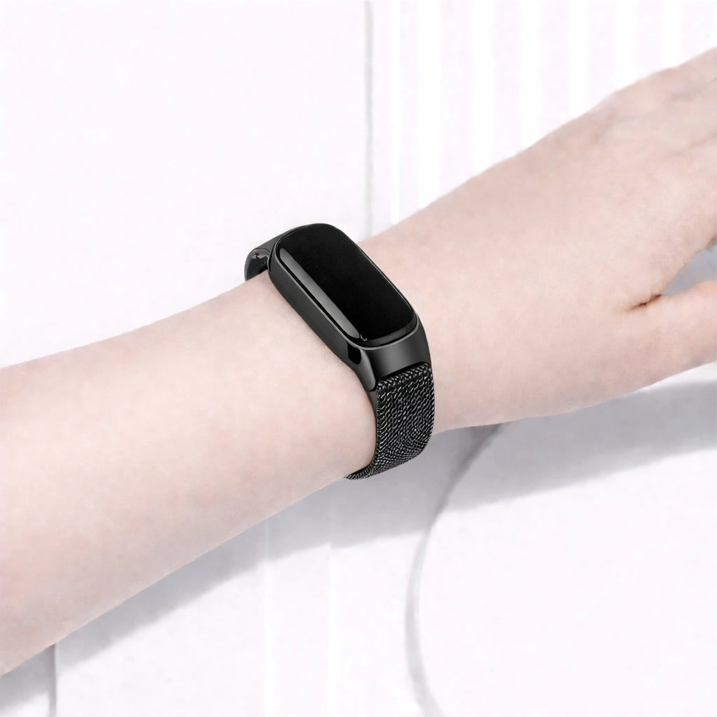 Black mesh wristband fitted to a Fitbit Inspire 3