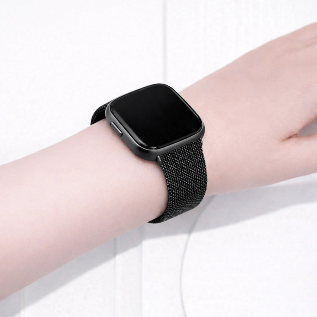 Fitbit Versa 2 watch worn with a black metal Milanese mesh wristband for a clean and modern look