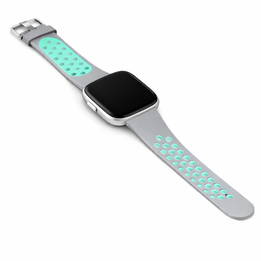 Grey and mint replacement watch strap compatible with Fitbit Versa 2 made from soft, flexible silicone