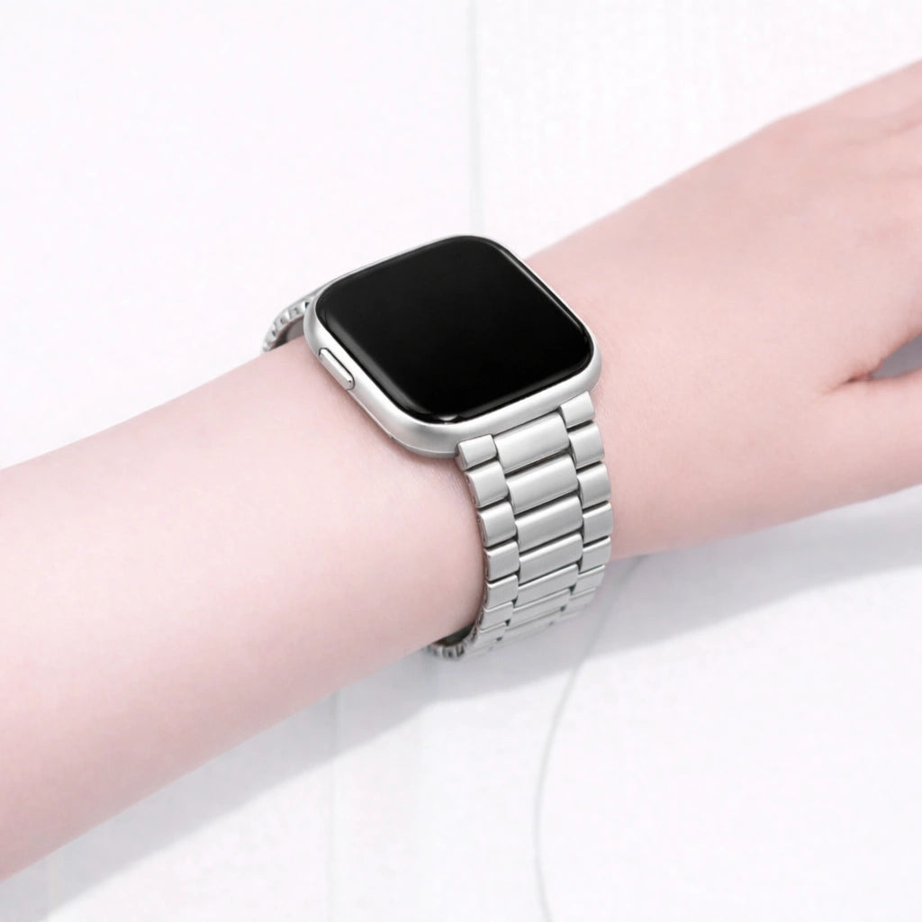 Silver metal strap on wrist for Fitbit Versa 2 with stainless steel links