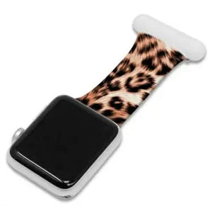 Leopard print fob-style Apple Watch strap with clip-on design for nurses and hands-free use