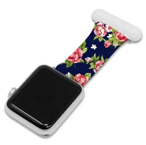 Navy floral Apple Fob Watch band with red rose print and soft white buckle connector