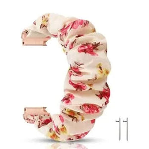 Cream scrunchie-style Apple Watch strap with pink floral print and soft elastic design
