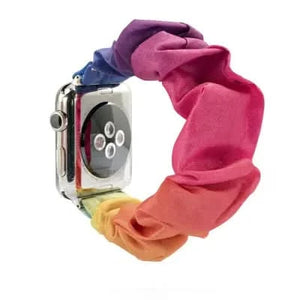 Rainbow scrunchie Apple Watch strap with soft elastic fabric and colourful gradient design