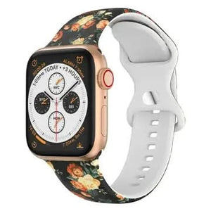 Red rose floral Apple Watch band with vintage rose pattern on black background and white interior