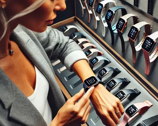 Woman browsing a display of Fitbit Versa 3 bands, trying on a strap to compare fit and style.
