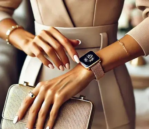 Elegant woman's hands dressed for a wedding as a guest, wearing a gold metal Apple Watch strap. She holds a chic clutch bag, with polished neutral nails and delicate jewelry, complementing her sophisticated outfit.