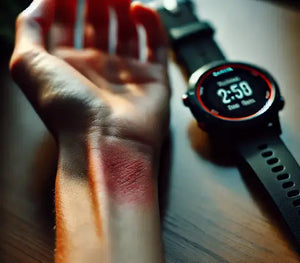 Close-up of a wrist with a red rash caused by a Garmin watch strap, with the smartwatch laying face-up on a table in the background. The image highlights skin irritation from prolonged wearable use, showcasing the need for skin-friendly straps.