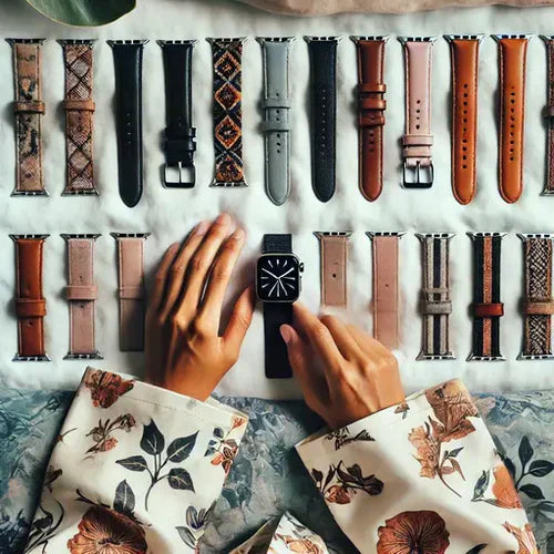 An elegant display of various womens leather Apple Watch bands, including black, brown, and textured options, perfect for any outfit.