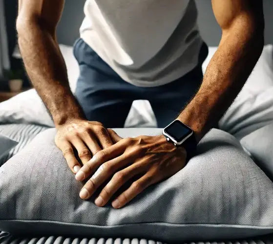 Close-up of a fit-looking man's hands wearing an Apple Watch with a comfortable strap while making a dark grey pillow on a neatly arranged bed. The scene highlights the watch strap's secure fit and casual style in a calm, well-lit bedroom setting.