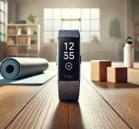 Fitbit Charge 6 with a grey woven strap displayed upright on a wooden floor in a bright, modern fitness studio. Yoga mat, cork yoga blocks, and a water bottle are visible in the background, creating a calm workout setting.
