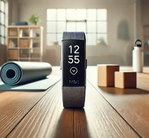 Fitbit Charge 6 with a grey woven strap displayed upright on a wooden floor in a bright, modern fitness studio. Yoga mat, cork yoga blocks, and a water bottle are visible in the background, creating a calm workout setting.
