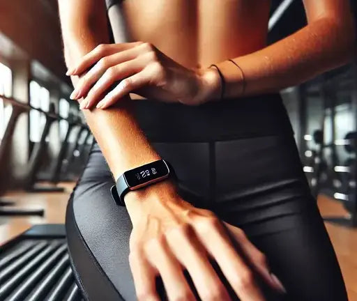 it-looking woman in a gym wearing a slimline fitness tracker on her wrist, resting her hand on a workout bench. The gym background is blurred, creating a focused shot of the fitness band.