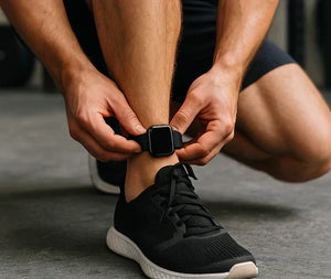 Man adjusting an Apple Watch with a black strap around his ankle before a workout, demonstrating ankle wear for fitness tracking.