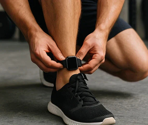 Man adjusting an Apple Watch with a black strap around his ankle before a workout, demonstrating ankle wear for fitness tracking.