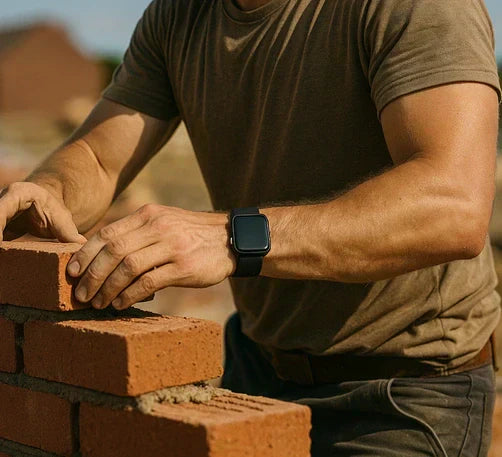 A worker laying bricks while wearing a durable Apple Watch band