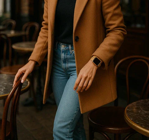 Apple Watch with magnetic strap worn as part of an everyday outfit.
