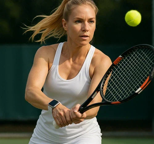 Female tennis player preparing to hit a ball while wearing an Apple Watch with a lightweight strap.