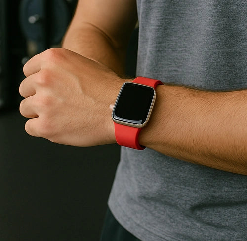 Person wearing an Apple Watch with a red strap on their wrist, shown during daily use