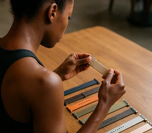 Person comparing different Apple Watch strap materials such as leather, nylon, and silicone.