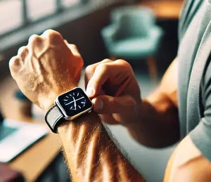 Close-up of a fit man's wrist as he fastens an Apple Watch SE with a leather-style strap, highlighting the fit and size of the strap.