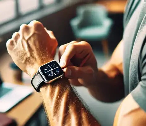 Close-up of a fit man's wrist as he fastens an Apple Watch SE with a leather-style strap, highlighting the fit and size of the strap.