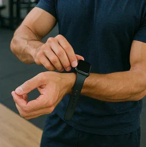 Man in gym removing his Apple Watch strap after a workout, highlighting potential causes of wrist irritation.