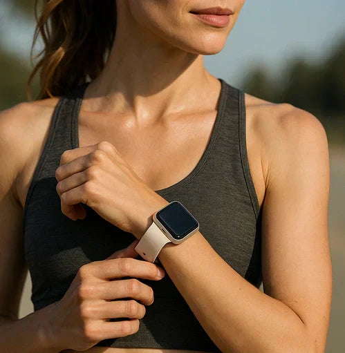 Woman adjusting a beige Apple Watch band for small wrists before a workout
