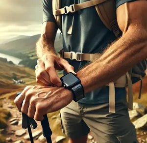 A fit older man preparing for a hike in the rugged UK outdoors, adjusting his Apple Watch with a durable nylon strap. He holds hiking poles while standing on a scenic mountain trail, with rolling hills and a winding river in the background.