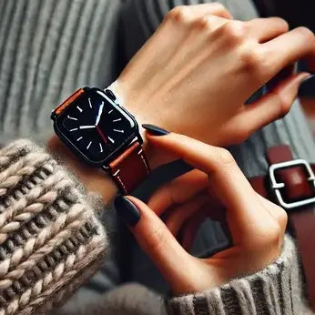  A cosy winter scene showing a woman’s hands wearing a dark leather Apple Watch strap paired with a knitted sweater.