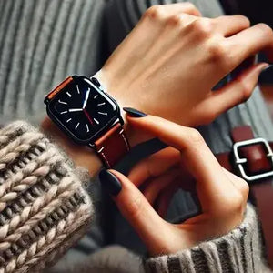  A cosy winter scene showing a woman’s hands wearing a dark leather Apple Watch strap paired with a knitted sweater.