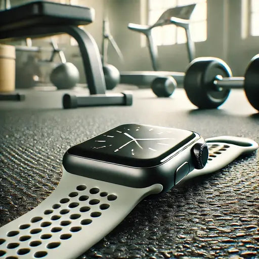 An Apple Watch with a perforated sports strap laying on a gym floor, surrounded by weights, highlighting its functionality and sporty design