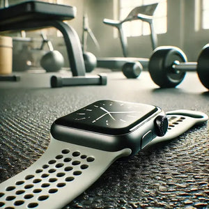 An Apple Watch with a perforated sports strap laying on a gym floor, surrounded by weights, highlighting its functionality and sporty design