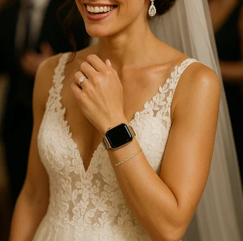 Bride in a lace wedding dress wearing an elegant Apple Watch band on her big day