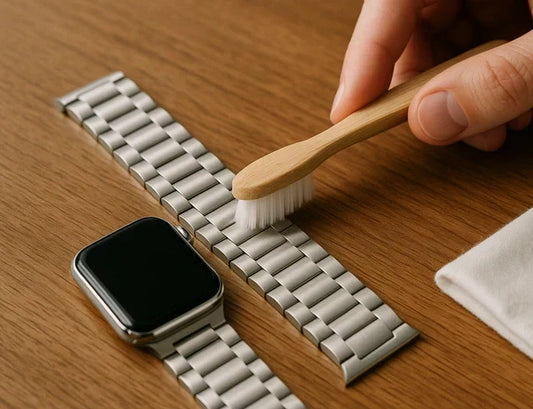 Cleaning a stainless steel Apple Watch strap laid flat on a table with a soft brush