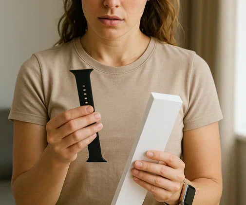 Woman opening an Apple Watch strap and looking unsure, illustrating questions about returning an Apple Watch strap after opening.