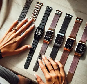 A fit woman choosing the best bands to be paired with her Fitbit Versa 4 , with a variety of stylish options including silicone, metal, and mesh bands laid out on a table. A perfect selection of Fitbit Versa 4 watch straps for fitness and everyday wear.