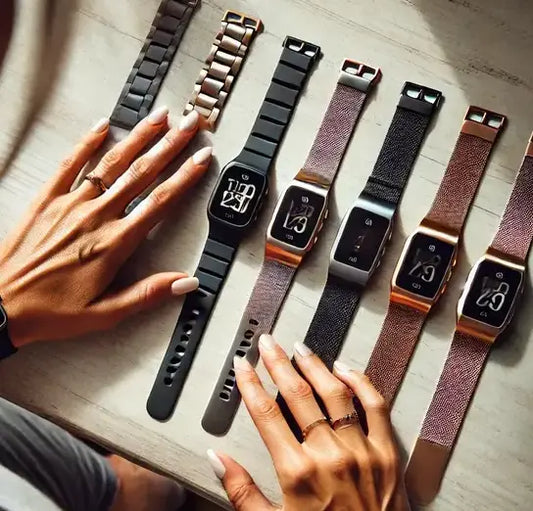 A fit woman choosing the best bands to be paired with her Fitbit Versa 4 , with a variety of stylish options including silicone, metal, and mesh bands laid out on a table. A perfect selection of Fitbit Versa 4 watch straps for fitness and everyday wear.