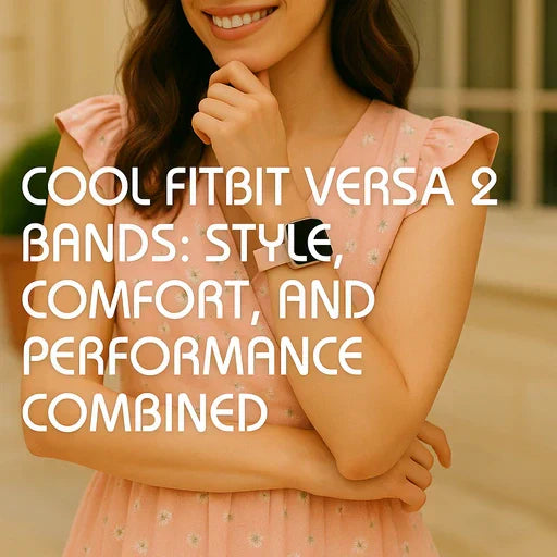 Promotional image of a woman wearing a pink Fitbit Versa 2 band with overlay text reading “Cool Fitbit Versa 2 Bands: Style, Comfort, and Performance Combined