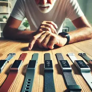 A man closely examining a lineup of Fitbit straps, demonstrating their compatibility with different Fitbit devices.