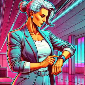 Stylish professional woman in a blazer checking her Apple Watch with a bold strap in a modern office setting, symbolising confidence and workplace-ready tech.