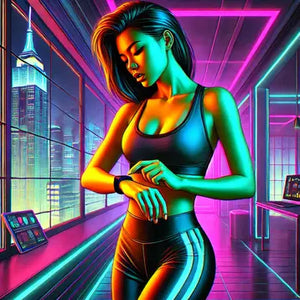 Woman in a futuristic gym setting wearing a fitness outfit and adjusting an Apple Watch with a soft silicone strap, ideal for sensitive skin.