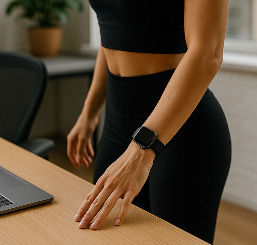 Fit woman wearing a black Apple Watch standing up from her desk to stay active during the workday.