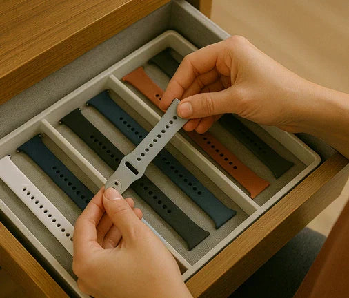 Close-up of Fitbit bands arranged in a drawer insert for easy storage.