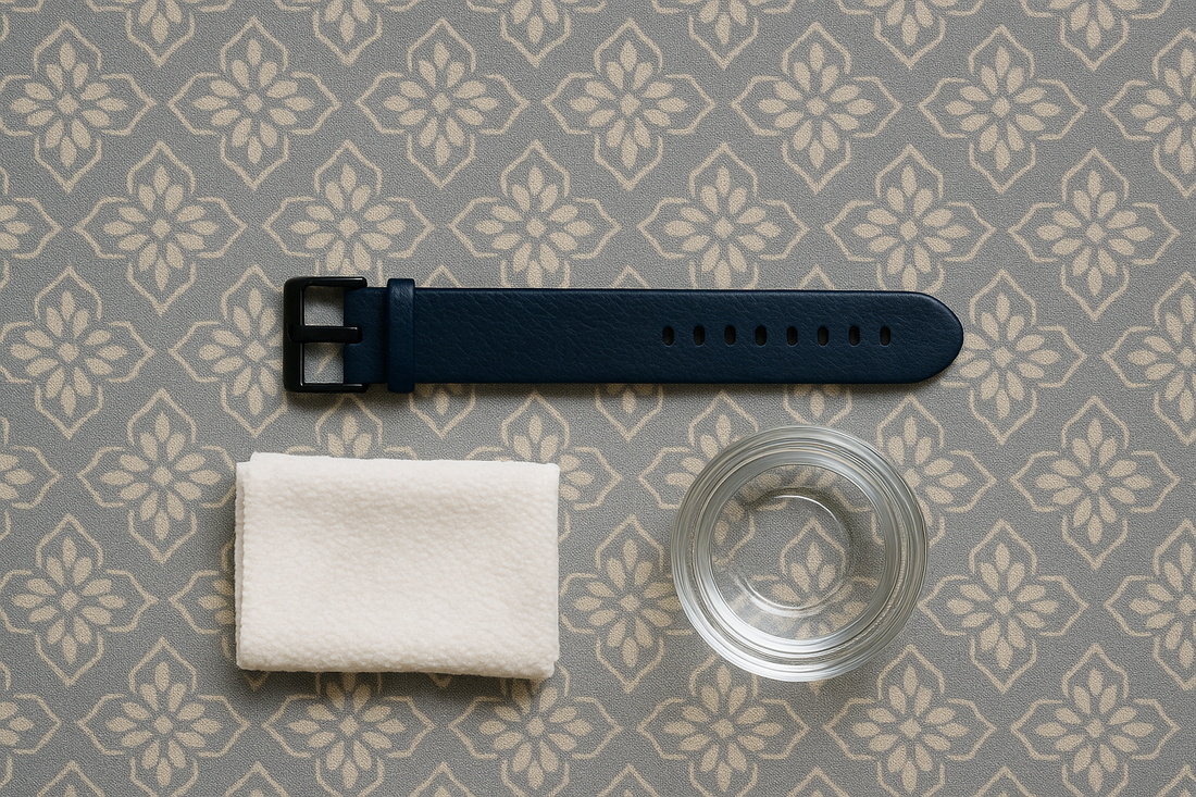 Items used to clean a leather Fitbit band, including a cloth and water.