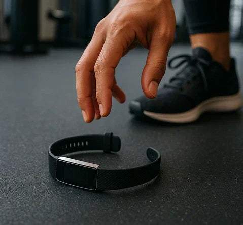 fitness tracker on the gym floor showing a loose Fitbit strap