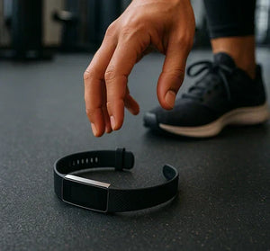 fitness tracker on the gym floor showing a loose Fitbit strap